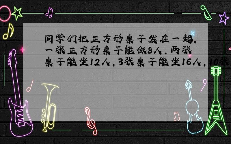 同学们把正方形桌子发在一起,一张正方形桌子能做8人,两张桌子能坐12人,3张桌子能坐16人,10张桌子排在一起,能坐几人