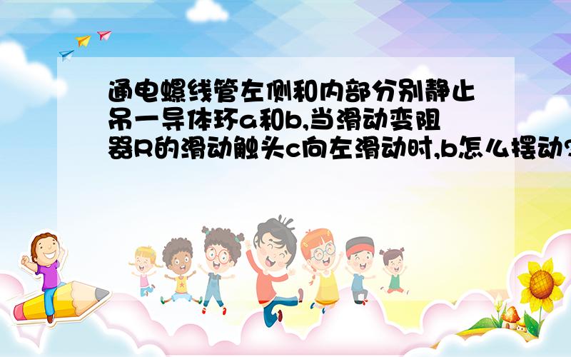 通电螺线管左侧和内部分别静止吊一导体环a和b,当滑动变阻器R的滑动触头c向左滑动时,b怎么摆动?