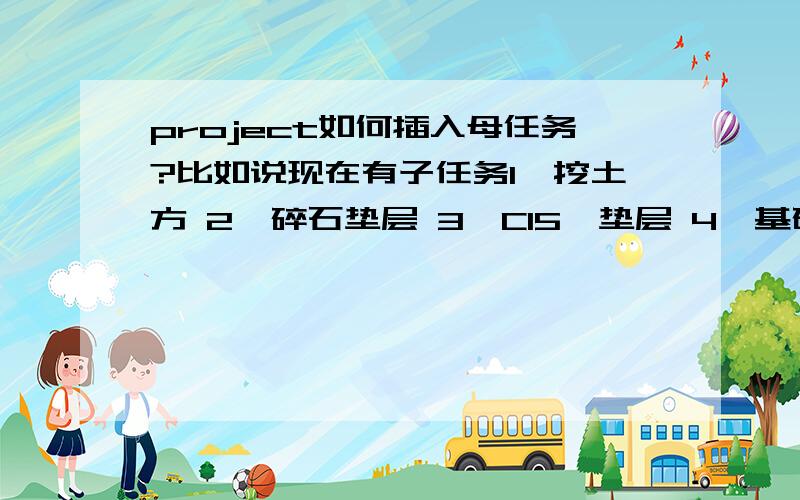 project如何插入母任务?比如说现在有子任务1、挖土方 2、碎石垫层 3、C15砼垫层 4、基础 我现在要插母任