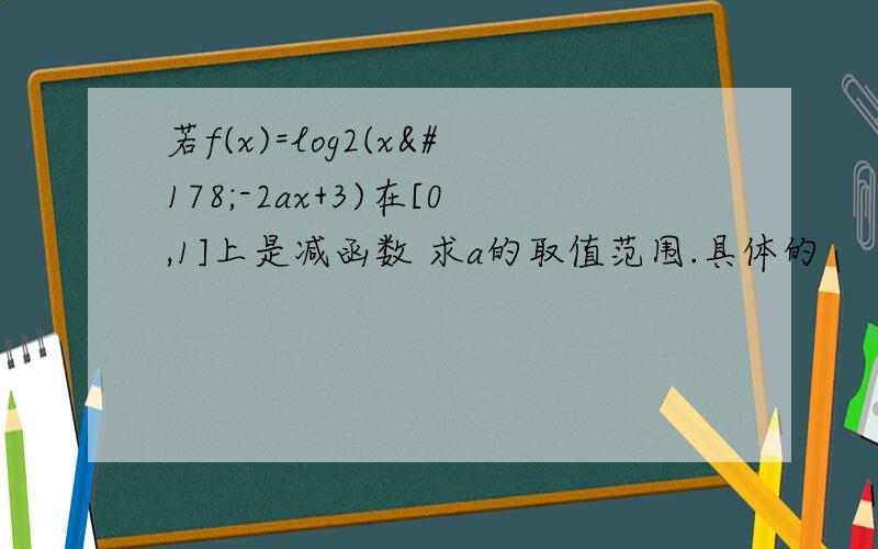 若f(x)=log2(x²-2ax+3)在[0,1]上是减函数 求a的取值范围.具体的