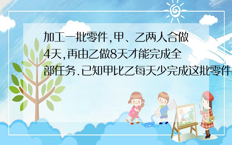 加工一批零件,甲、乙两人合做4天,再由乙做8天才能完成全部任务.已知甲比乙每天少完成这批零件的1/60,