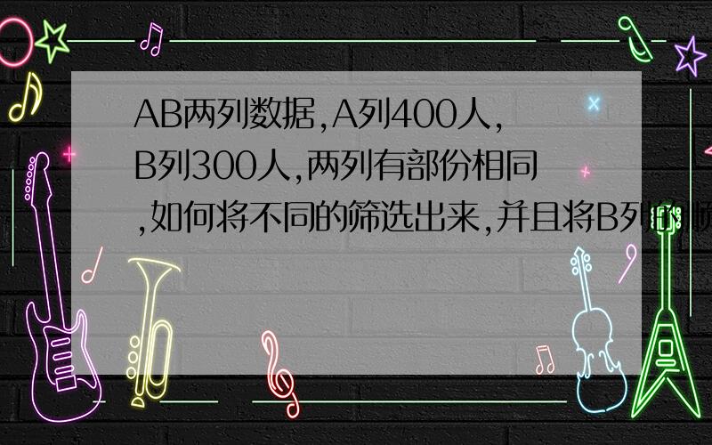 AB两列数据,A列400人,B列300人,两列有部份相同,如何将不同的筛选出来,并且将B列的顺序与A列相同.