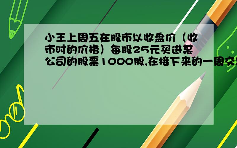 小王上周五在股市以收盘价（收市时的价格）每股25元买进某公司的股票1000股,在接下来的一周交易日内,小王记下该股票每日