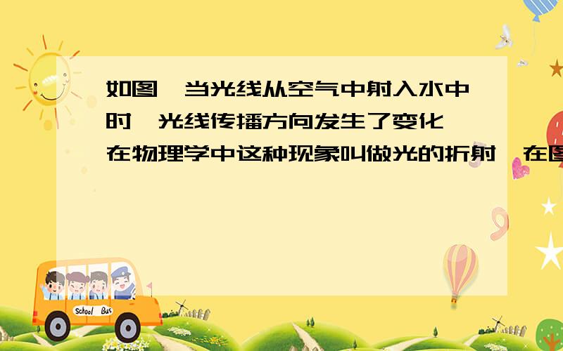 如图,当光线从空气中射入水中时,光线传播方向发生了变化,在物理学中这种现象叫做光的折射,在图中,∠