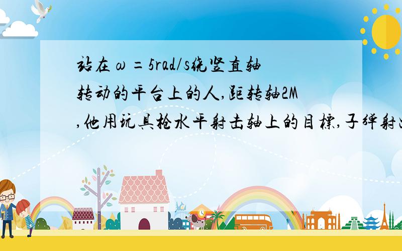 站在ω=5rad/s绕竖直轴转动的平台上的人,距转轴2M,他用玩具枪水平射击轴上的目标,子弹射出时的时速为20M/S.若