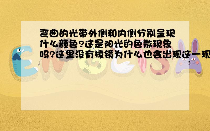 弯曲的光带外侧和内侧分别呈现什么颜色?这是阳光的色散现象吗?这里没有棱镜为什么也会出现这一现象?