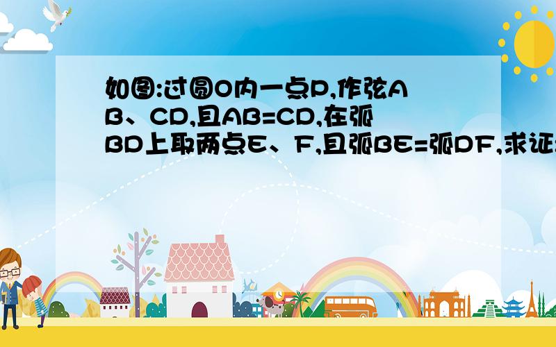 如图:过圆O内一点P,作弦AB、CD,且AB=CD,在弧BD上取两点E、F,且弧BE=弧DF,求证:直线PO是EF的垂直