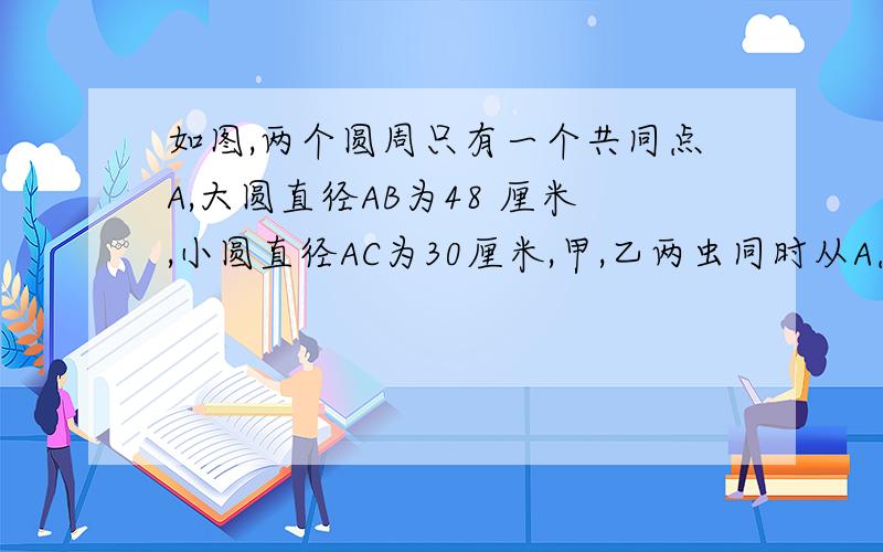 如图,两个圆周只有一个共同点A,大圆直径AB为48 厘米,小圆直径AC为30厘米,甲,乙两虫同时从A点出发