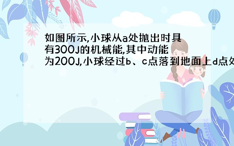 如图所示,小球从a处抛出时具有300J的机械能,其中动能为200J,小球经过b、c点落到地面上d点处 如图所示