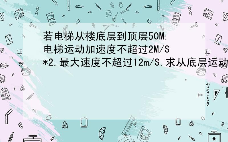 若电梯从楼底层到顶层50M.电梯运动加速度不超过2M/S*2.最大速度不超过12m/S.求从底层运动到顶层需时间·