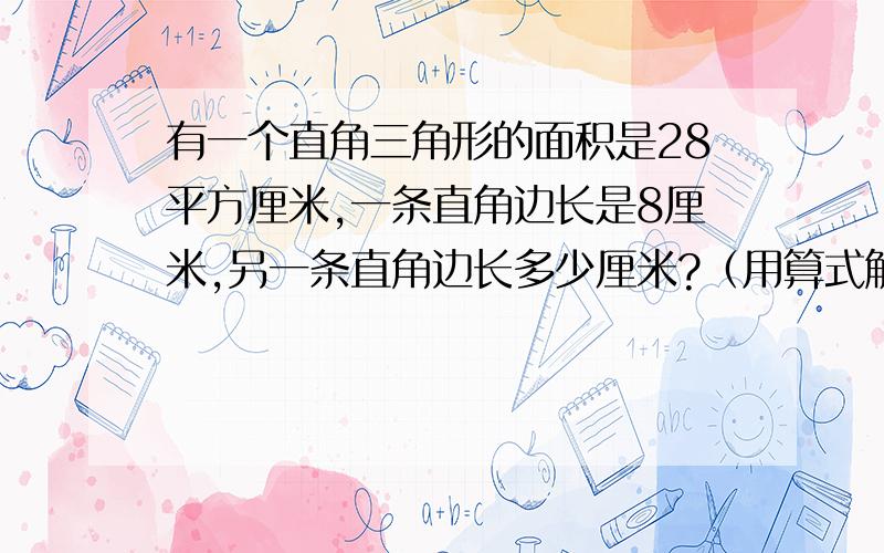 有一个直角三角形的面积是28平方厘米,一条直角边长是8厘米,另一条直角边长多少厘米?（用算式解答）