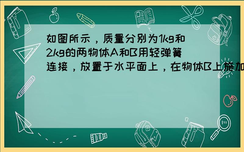 如图所示，质量分别为1kg和2kg的两物体A和B用轻弹簧连接，放置于水平面上，在物体B上施加F=9N的水平拉力，两物体一