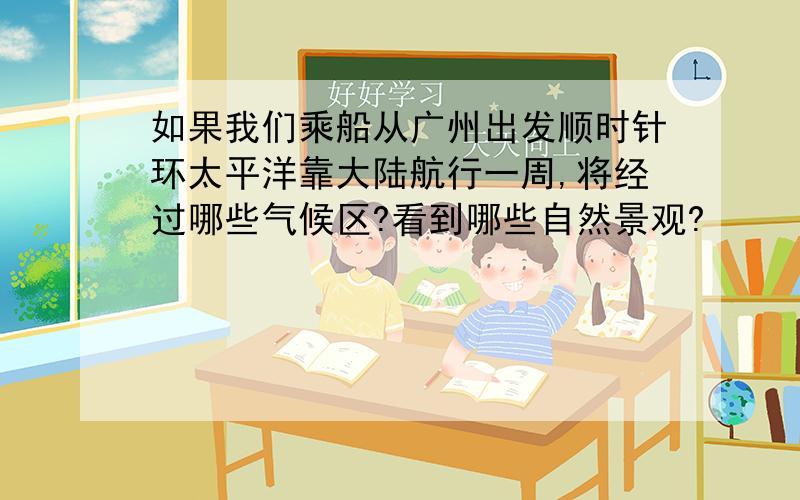 如果我们乘船从广州出发顺时针环太平洋靠大陆航行一周,将经过哪些气候区?看到哪些自然景观?