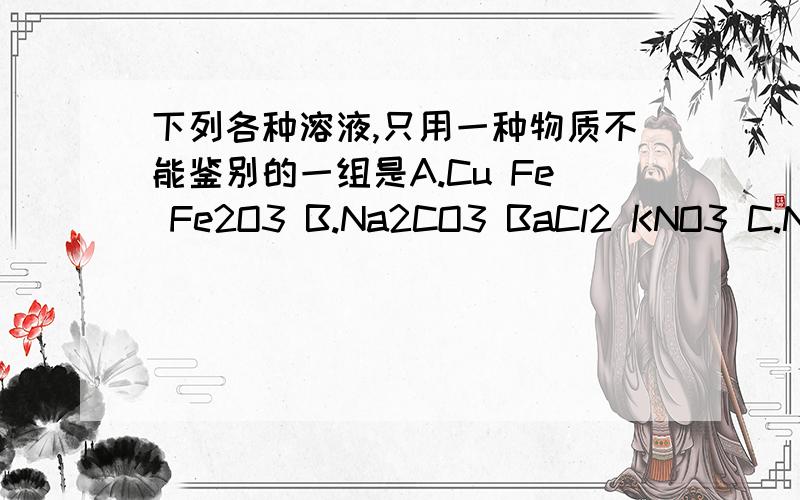 下列各种溶液,只用一种物质不能鉴别的一组是A.Cu Fe Fe2O3 B.Na2CO3 BaCl2 KNO3 C.NaC