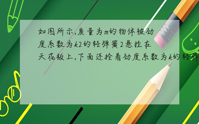 如图所示,质量为m的物体被劲度系数为k2的轻弹簧2悬挂在天花板上,下面还拴着劲度系数为k的轻弹簧1,拖住下面弹簧的端点A