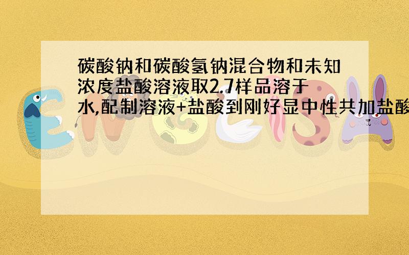 碳酸钠和碳酸氢钠混合物和未知浓度盐酸溶液取2.7样品溶于水,配制溶液+盐酸到刚好显中性共加盐酸20ml求浓度