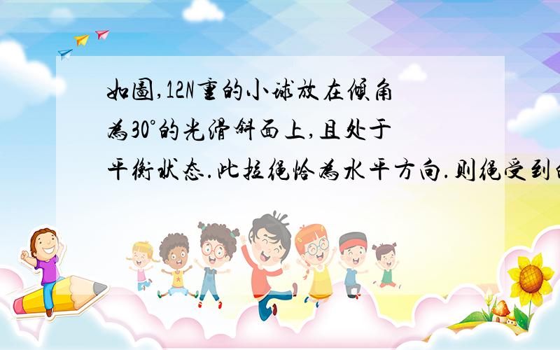 如图,12N重的小球放在倾角为30°的光滑斜面上,且处于平衡状态.此拉绳恰为水平方向.则绳受到的拉力为多少,斜面受到的压