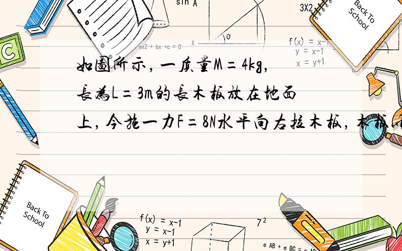 如图所示，一质量M=4kg，长为L=3m的长木板放在地面上，今施一力F=8N水平向右拉木板，木板以v=2m/s的速度在地