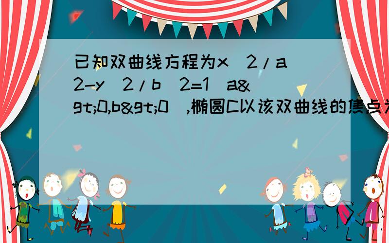 已知双曲线方程为x^2/a^2-y^2/b^2=1(a>0,b>0),椭圆C以该双曲线的焦点为顶点，顶点为焦