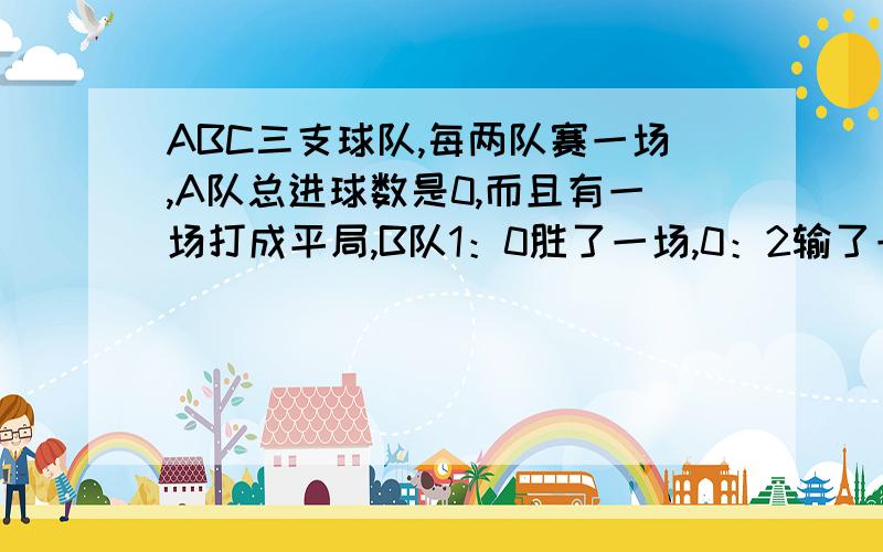 ABC三支球队,每两队赛一场,A队总进球数是0,而且有一场打成平局,B队1：0胜了一场,0：2输了一场,求C队