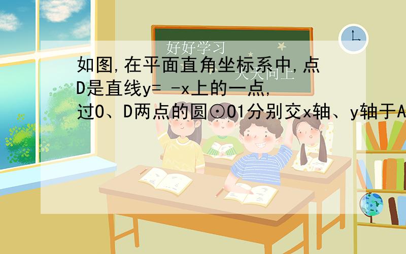 如图,在平面直角坐标系中,点D是直线y= -x上的一点,过O、D两点的圆⊙O1分别交x轴、y轴于A、B两点.