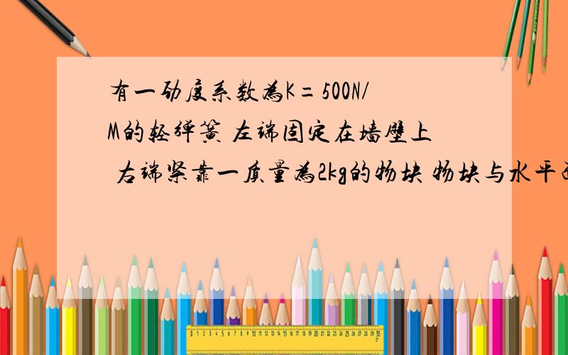 有一劲度系数为K=500N/M的轻弹簧 左端固定在墙壁上 右端紧靠一质量为2kg的物块 物块与水平面间的（补充中