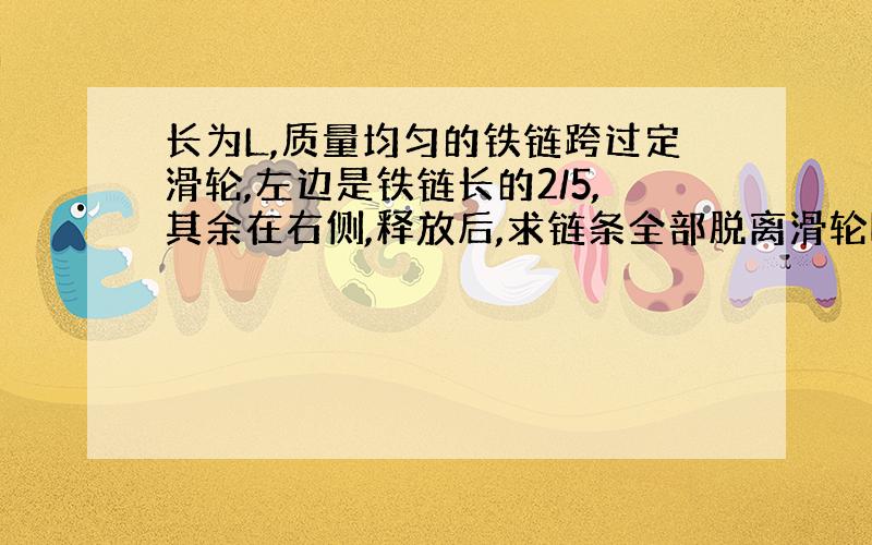 长为L,质量均匀的铁链跨过定滑轮,左边是铁链长的2/5,其余在右侧,释放后,求链条全部脱离滑轮瞬间的速度.