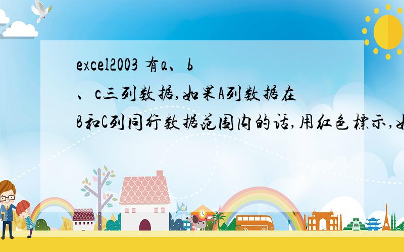 excel2003 有a、b、c三列数据,如果A列数据在B和C列同行数据范围内的话,用红色标示,如何实现?急