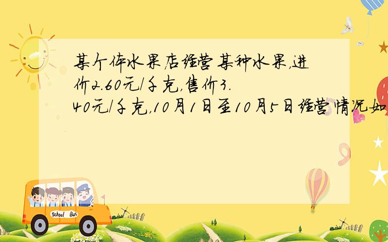 某个体水果店经营某种水果，进价2.60元/千克，售价3.40元/千克，10月1日至10月5日经营情况如下表：