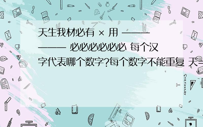 天生我材必有 × 用 —————— 必必必必必必 每个汉字代表哪个数字?每个数字不能重复 天= 生= 我= 必= 有=