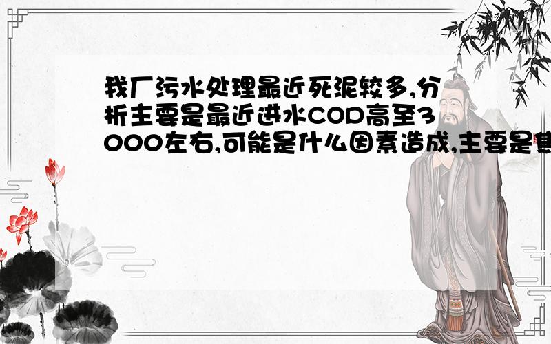 我厂污水处理最近死泥较多,分析主要是最近进水COD高至3000左右,可能是什么因素造成,主要是焦化和甲醇污