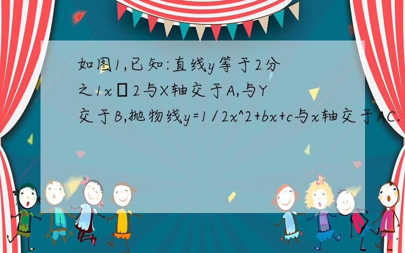 如图1,已知:直线y等于2分之1x﹣2与X轴交于A,与Y交于B,抛物线y=1/2x^2+bx+c与x轴交于AC.连接BC