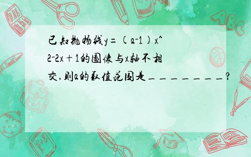 已知抛物线y=(a-1)x^2-2x+1的图像与x轴不相交,则a的取值范围是_______?