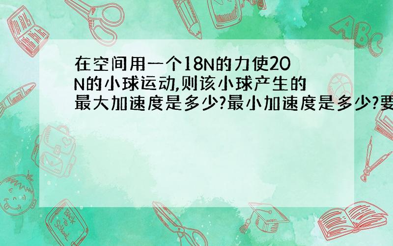 在空间用一个18N的力使20N的小球运动,则该小球产生的最大加速度是多少?最小加速度是多少?要详解.