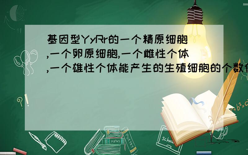 基因型YyRr的一个精原细胞,一个卵原细胞,一个雌性个体,一个雄性个体能产生的生殖细胞的个数依次是?