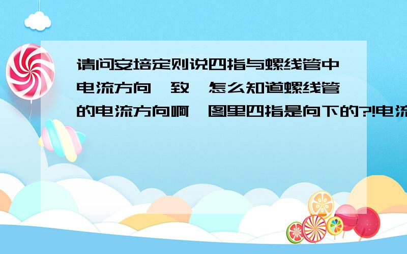 请问安培定则说四指与螺线管中电流方向一致,怎么知道螺线管的电流方向啊,图里四指是向下的?!电流又不能向下