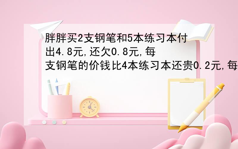 胖胖买2支钢笔和5本练习本付出4.8元,还欠0.8元,每支钢笔的价钱比4本练习本还贵0.2元,每本练习本