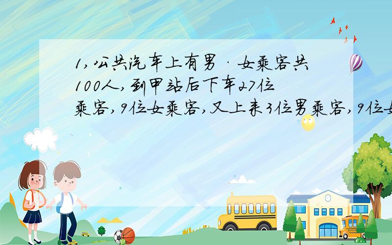 1,公共汽车上有男·女乘客共100人,到甲站后下车27位乘客,9位女乘客,又上来3位男乘客,9位女乘客.车到乙站后,上来