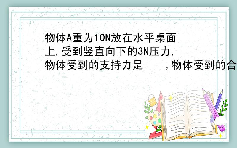 物体A重为10N放在水平桌面上,受到竖直向下的3N压力,物体受到的支持力是____,物体受到的合力是____.