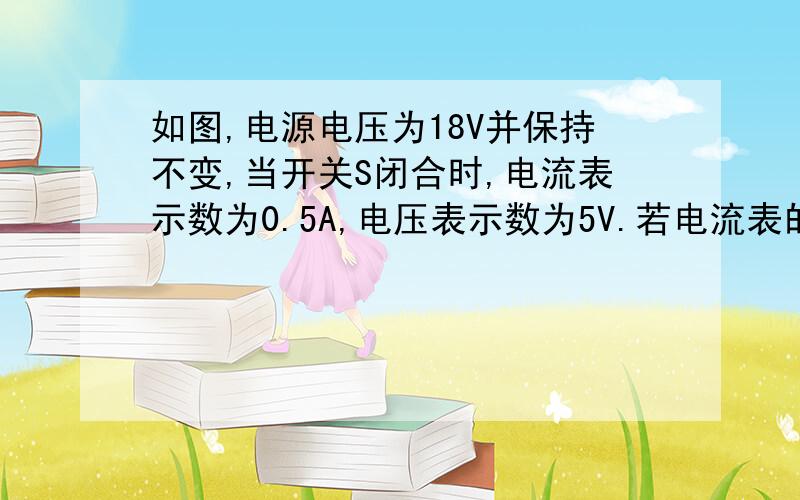 如图,电源电压为18V并保持不变,当开关S闭合时,电流表示数为0.5A,电压表示数为5V.若电流表的量程是0～0.6A,