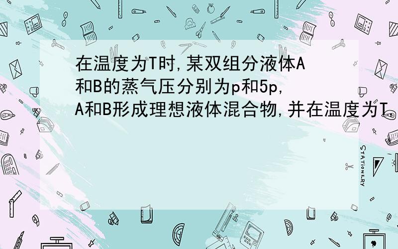 在温度为T时,某双组分液体A和B的蒸气压分别为p和5p,A和B形成理想液体混合物,并在温度为T,压力为2p时沸腾,那么B