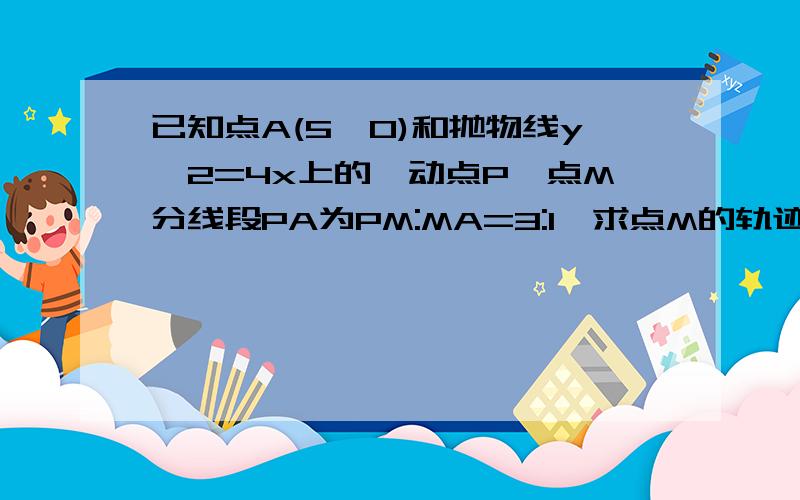 已知点A(5,0)和抛物线y^2=4x上的一动点P,点M分线段PA为PM:MA=3:1,求点M的轨迹方程