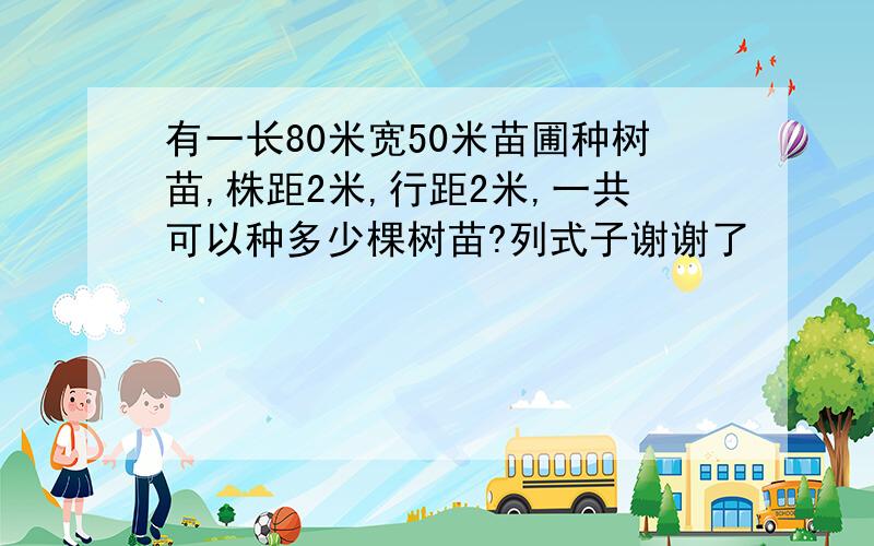 有一长80米宽50米苗圃种树苗,株距2米,行距2米,一共可以种多少棵树苗?列式子谢谢了