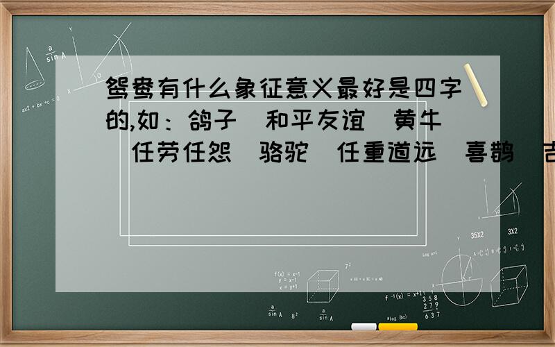 鸳鸯有什么象征意义最好是四字的,如：鸽子（和平友谊）黄牛（任劳任怨）骆驼（任重道远）喜鹊（吉祥如意）