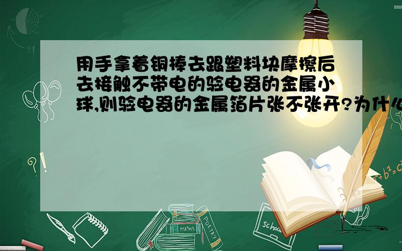 用手拿着铜棒去跟塑料块摩擦后去接触不带电的验电器的金属小球,则验电器的金属箔片张不张开?为什么?