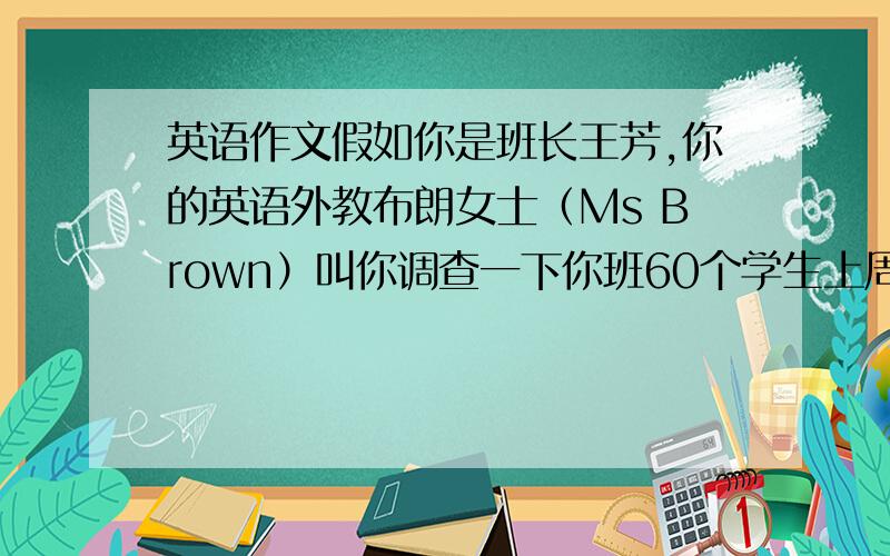 英语作文假如你是班长王芳,你的英语外教布朗女士（Ms Brown）叫你调查一下你班60个学生上周末的活动.