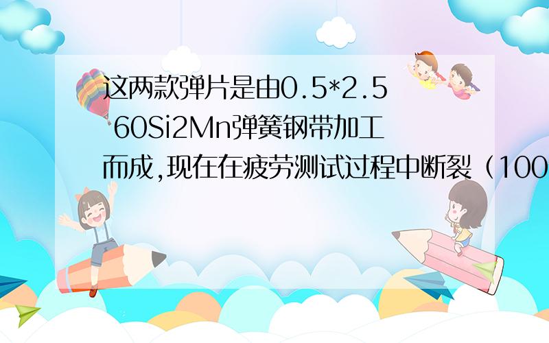 这两款弹片是由0.5*2.5 60Si2Mn弹簧钢带加工而成,现在在疲劳测试过程中断裂（100次都不到,要求是5000次