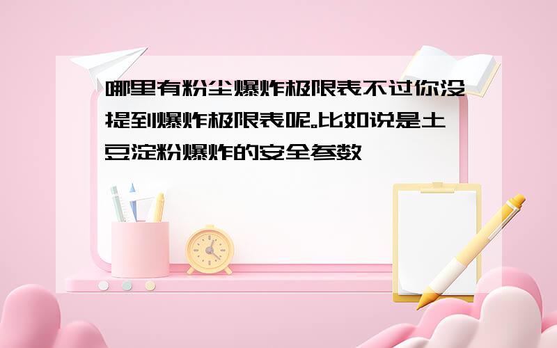 哪里有粉尘爆炸极限表不过你没提到爆炸极限表呢。比如说是土豆淀粉爆炸的安全参数