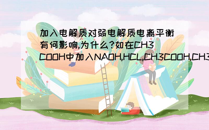 加入电解质对弱电解质电离平衡有何影响,为什么?如在CH3COOH中加入NAOH,HCL,CH3COOH,CH3COONA