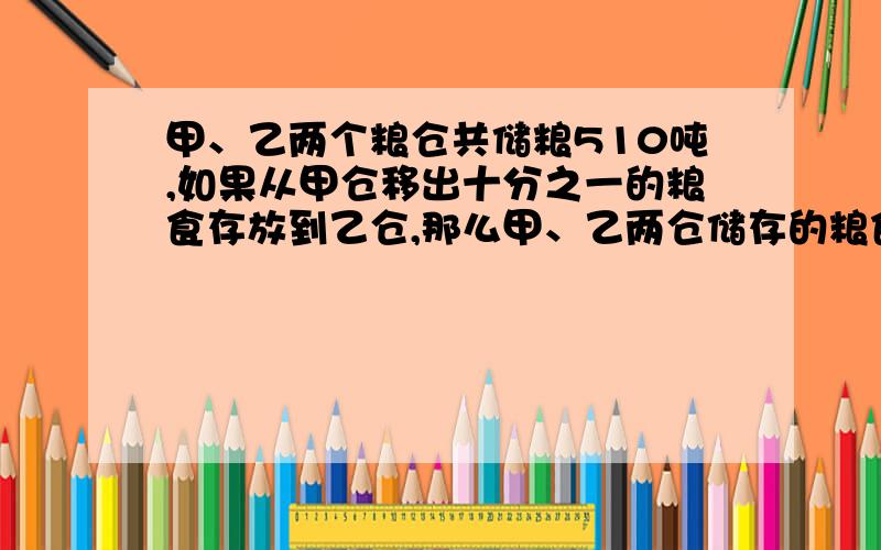 甲、乙两个粮仓共储粮510吨,如果从甲仓移出十分之一的粮食存放到乙仓,那么甲、乙两仓储存的粮食数量的比是9:8,甲、乙两